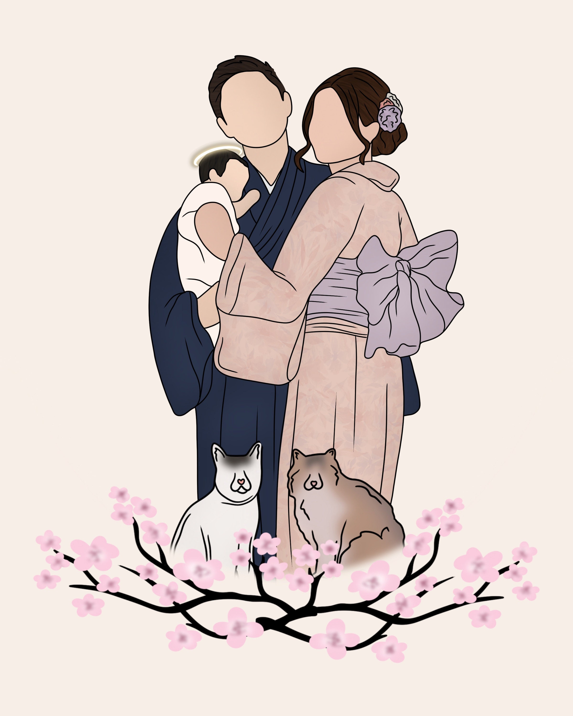 Andy and Shannon in Japan, illustrated in kimono with their angel baby and pets beneath cherry blossoms